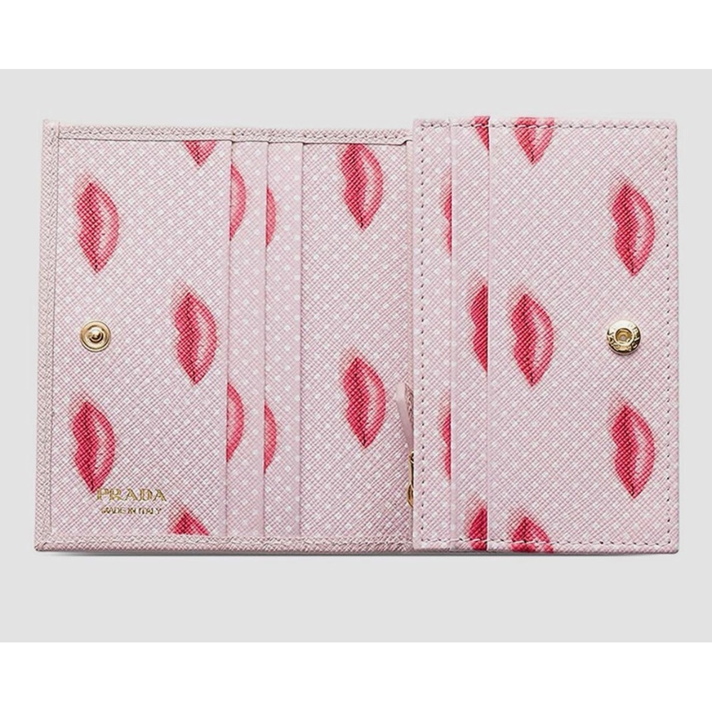 Prada Pink Saffiano Leather Wallet Red Bocche Lip Print NWT + Box + Reg - Picture 2 of 16